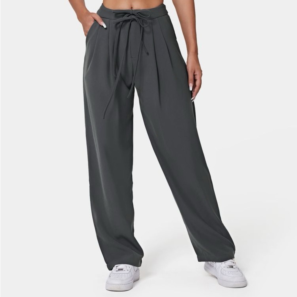 Halara High Waisted Drawstring Zipper Side Pocket Plain Wide Leg Pants